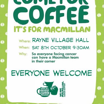 Macmillan coffee morning Sat 8th October 9:30am